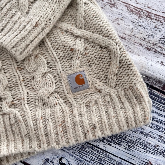 Carhartt Oatmeal Tan Wool Blend Cable Knit Sweater With Elbow Patch - Picture 3 of 10